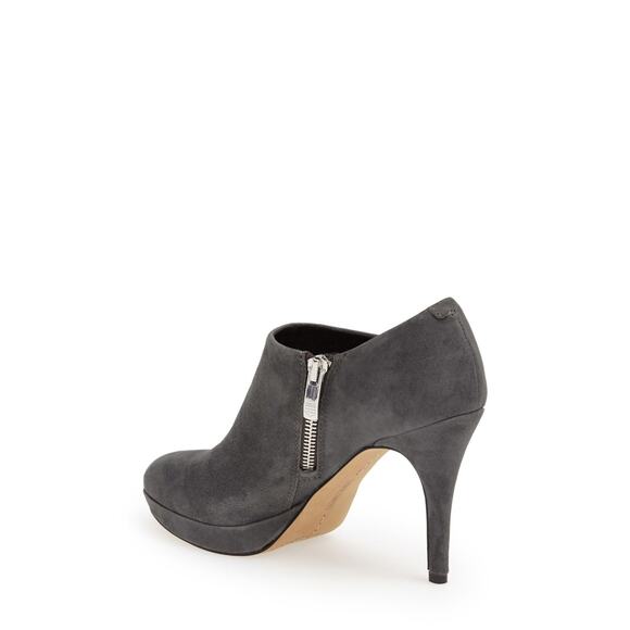 NEW Vince Camuto Stiletto Dark Gray Suede Ankle Logo Zipper Elvin Booties 8.5 - Picture 1 of 12
